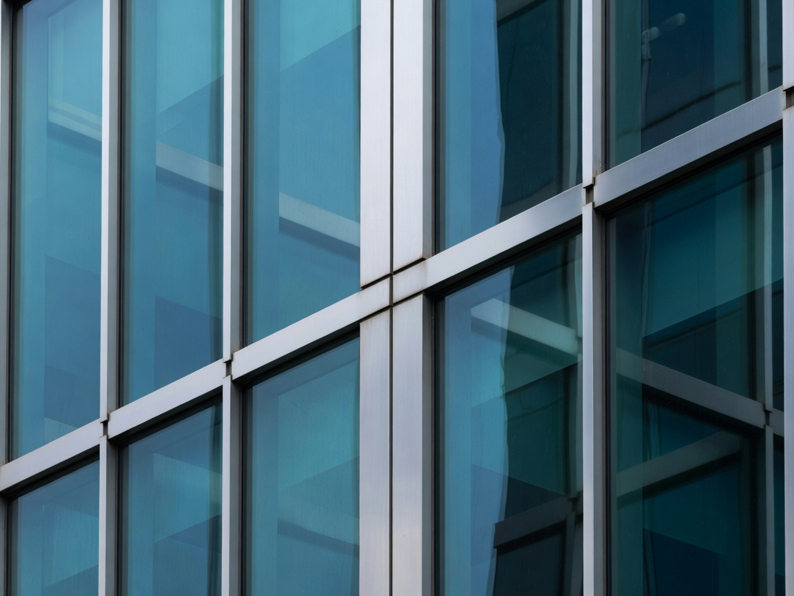 Macro view of blue-green glass and stainless steel mullions of Lever house
