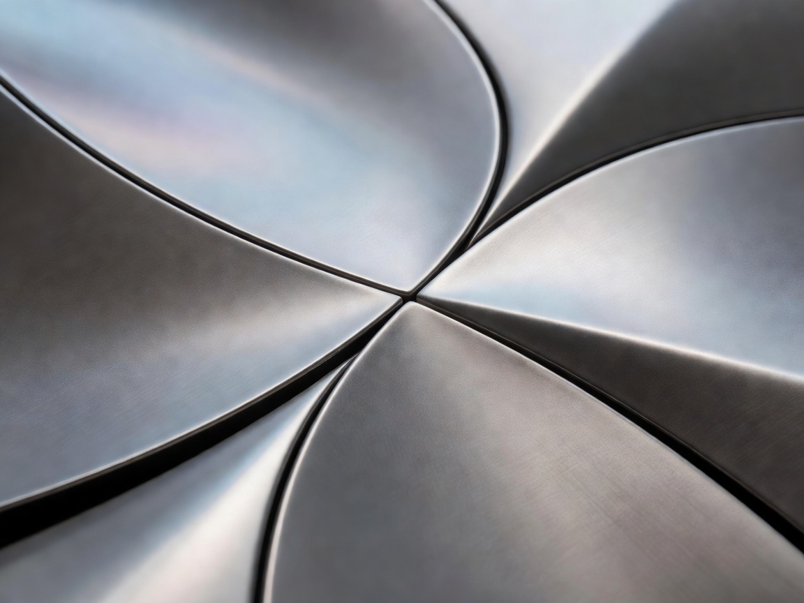 Macro detail of curved titanium cladding panels intersecting seamlessly